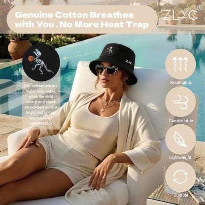 ZLYC Cotton Bucket Hat for Women Men Embroidered Packable Summer Sun Cap - color: Dinosaur Skeleton Black