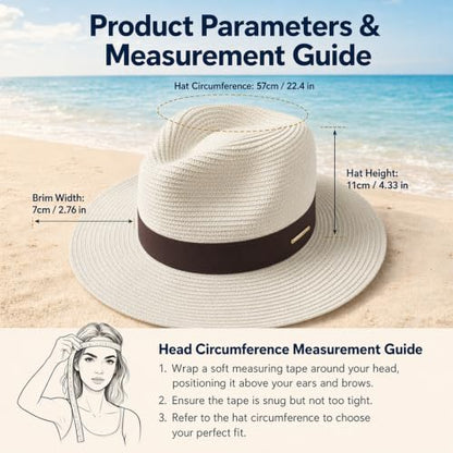 Straw Panama Hat for Men Women, Beach Sun Fedora Hat - color: Off White-brown