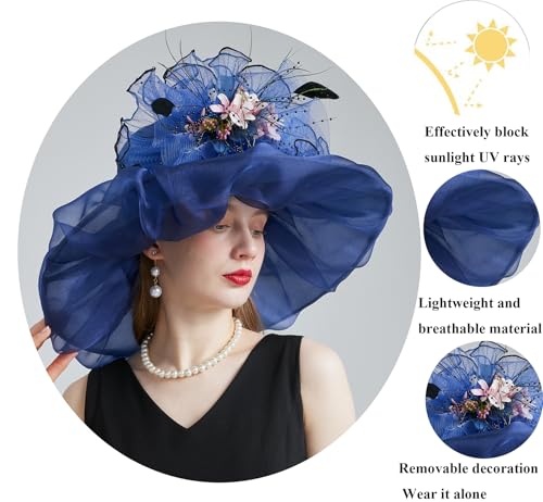 Women Organza Derby Hat Fascinator Tea Party Wedding Church Derby Hat Fascinator Hats Dual-use - color: 02d Navy Blue