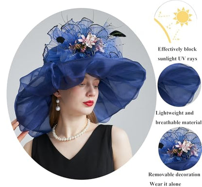 Women Organza Derby Hat Fascinator Tea Party Wedding Church Derby Hat Fascinator Hats Dual-use - color: 02d Navy Blue