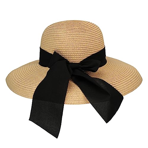 Surblue Women's Beach Straw Hat, Wide Brim Sun Hat with Black Bow - color: Khaki