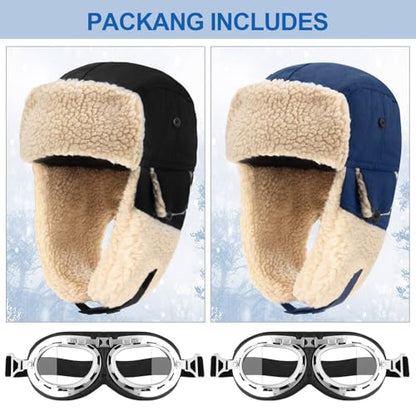JaGely 4 Pcs Pilot Hat and Goggles Flight Costume Accessories Pilot Helmet Cap with Ear Flaps Hat Adults Winter - color: Blue and Khaki, style: Trendy