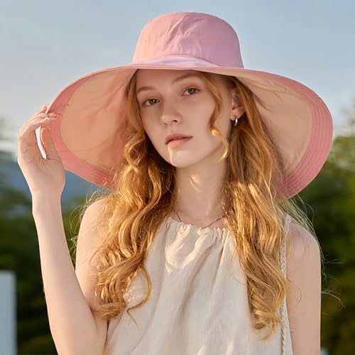 Wide Brim Sun Hat for Women Reversible Beach Hats Metal Wired Edge Gardening Hats, UPF 50+ Bucket Summer Hat - color: Pink Beige