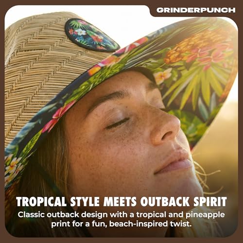 grinderPUNCH Straw Sun Hat for Men Women Wide Brim Beach Fishing UPF 50 - color: Tropical Pineapple