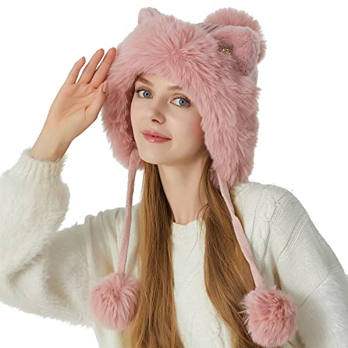 HUAMULAN Women Winter Sherpa Knit Beanie Hat Fleece Lined Ear Flaps - color: Pink Solid
