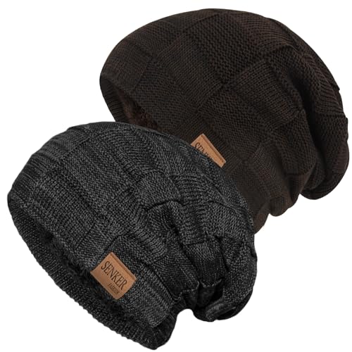 Senker Fashion 2 Pcs Winter Slouchy Beanie Hats for Men, Warm Mens Beanies - color: Black Coffee