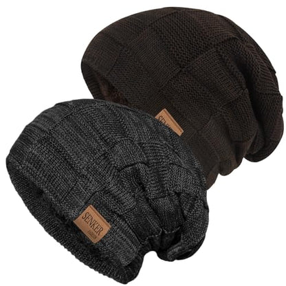 Senker Fashion 2 Pcs Winter Slouchy Beanie Hats for Men, Warm Mens Beanies - color: Black Coffee