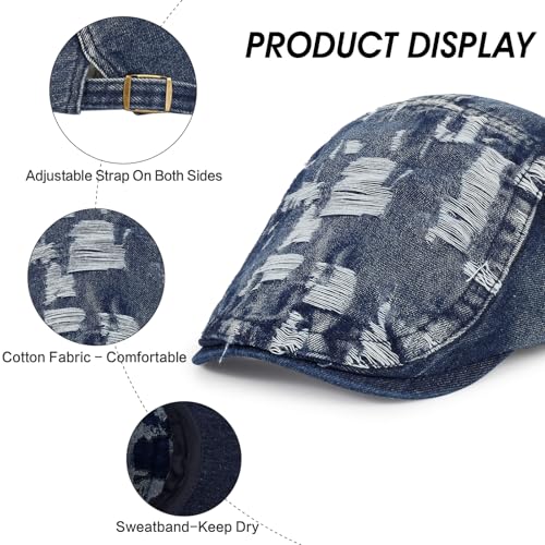 3Pcs Men's Newsboy Caps Cotton Cooling Hat Adjustable Flat Cap for Men - color: Denim D-darkblue+black+mediumblue