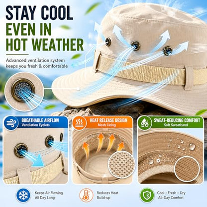 Taeku Sun Hat, Unisex Wide Brim Bucket Hat Sun Protection Cap Breathable Boonie Hat for Fishing Hiking Gardening Safari - color: Beige