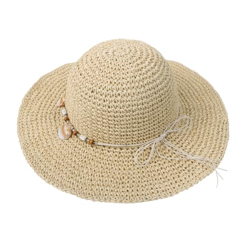 Womens Foldable Straw Sun Hat Summer Wide Brim Crochet Bucket Hats UPF 50+ Travel Beach Fedora Fisherman Cap Sombrero Hat - color: Beige
