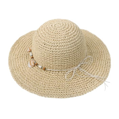 Womens Foldable Straw Sun Hat Summer Wide Brim Crochet Bucket Hats UPF 50+ Travel Beach Fedora Fisherman Cap Sombrero Hat - color: Beige