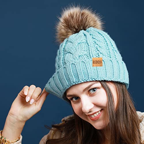 REDESS Women Winter Pompom Beanie Hat with Warm Fleece Lined Thick Slouchy Snow Knit Hat Skull Ski Cap - color: Blue