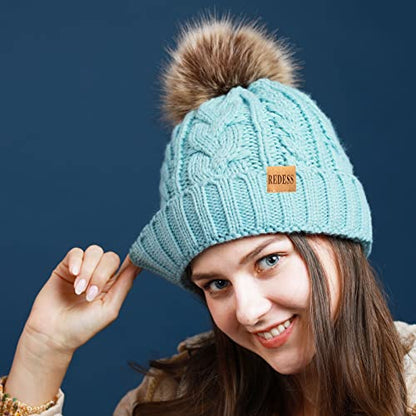REDESS Women Winter Pompom Beanie Hat with Warm Fleece Lined Thick Slouchy Snow Knit Hat Skull Ski Cap - color: Blue