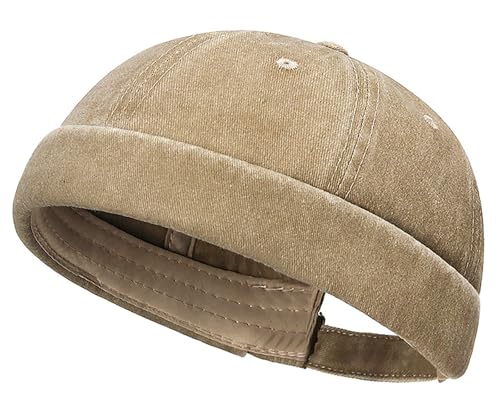 DIYDECAL Vintage Washed Cotton Sailor Docker Cap for Men, Brimless Skull Cap with Classic Retro Style - color: Beige