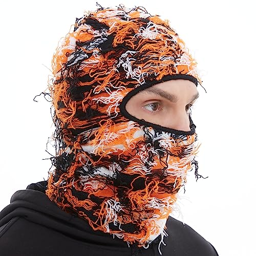 ROXUN Distressed Ski Mask Balaclava, Yeat Shiesty Fluffy Knitted Full Face - color: 01- Orange Mixed
