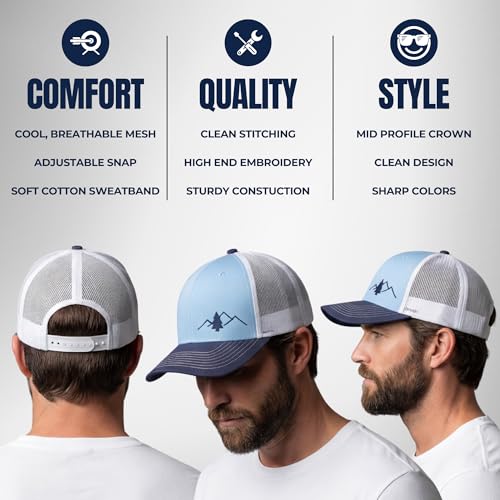LINDO Trucker Hat [ Great Outdoors Design ] for Men and Women: Mid Profile Cap with Breathable Mesh Back and Adjustable Snap - color: Navy/Sky/White