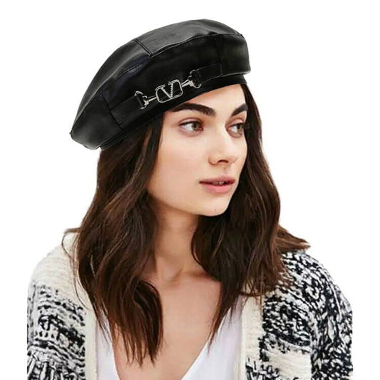 XYIYI Beret Hats PU Leather French Beret Cap Artist Beanie Hat for Women Girls - color: Black