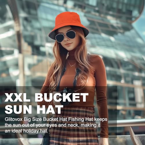 Oversize XXL Bucket Hat, Reversible Cotton Fisherman Hats, Unisex Double Side Wear Bucket Sun Hats with Chin Strap - color: Black-orange, size: X-Large