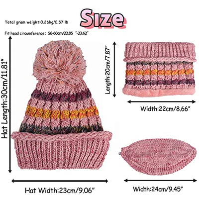 Ypser Women's Winter Warm Knitted Crochet Hat Fleece Lined Cable Faux Fur Pom Pom Beanie Hat Skull Cap - color: Pink 3 Pcs Set (Hat & Scarf & Face Mask)