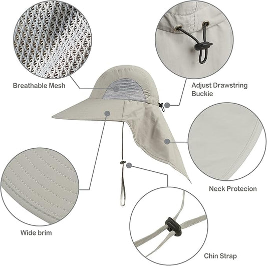 Outdoor Sun Hat for Men with 50+ UPF Protection Safari Cap Wide Brim Fishing Hat with Neck Flap, for Dad… - color: Light Grey*navy Blue