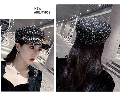 Women Plaid-Tweed Newsboy-Baker-Boy Hat Captain-Sailor Fisherman Hat Peaked-Beret with Chain - color: Black