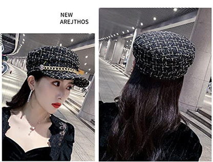 Women Plaid-Tweed Newsboy-Baker-Boy Hat Captain-Sailor Fisherman Hat Peaked-Beret with Chain - color: Black