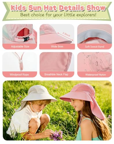 Rosoz Kids Sun Hat with Neck Flap UV Protection Summer Toddler Beach Hat Unisex Ponytail Hat Wide Brim Fishing Hat - color: 1pack-light Pink