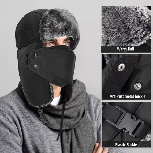 mysuntown Winter Hats for Women Men Trapper Ushanka Hat with Ear Flaps - color: Black