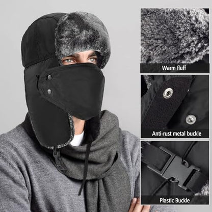 mysuntown Winter Hats for Women Men Trapper Ushanka Hat with Ear Flaps - color: Black