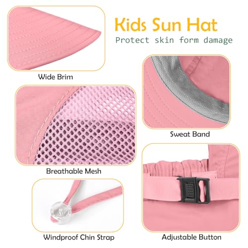 Kids Sun Hat UPF50+ Summer Beach Play Sun Protection Hats with Neck Flap for Ages 5~14 Girls Boys - color: Pink