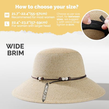 Womens Straw Beach Sun Hat, UV Protection UPF 50+, Lightweight Straw Bucket Hat, Summer Travel - color: Mix Beige, size: Large