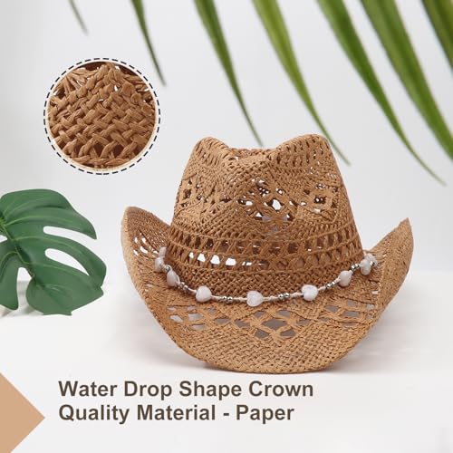 AQOKKA Straw Cowboy Hats for Women Men Western Cowgirl Hats with Shapeable Brim Woven Hollow Out Unisex Beach Roll Up Caps - color: Cowboy Hat : Dark Khaki a