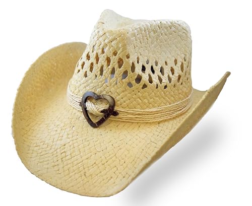Women's Straw Cowboy Hat with Shapeable Brim, Wooden Heart Accent - color: Natural