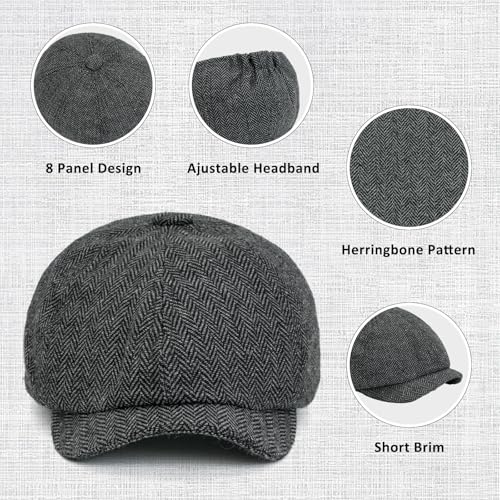 Men 8 Panel Newsboy Cap Classic Irish Gatsby Paperboy Ivy Newsies Herringbone Golf Cabbie Flat Wool Blend Winter Hat - color: Black
