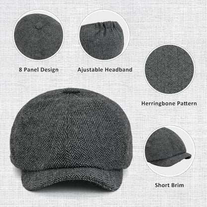 Men 8 Panel Newsboy Cap Classic Irish Gatsby Paperboy Ivy Newsies Herringbone Golf Cabbie Flat Wool Blend Winter Hat - color: Black