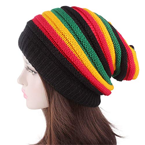 Qhome Fashion Bob Marley Jamaican Reggae Cap Multi-Colour Striped Rasta Hat Slouchy Baggie Beanie Skullies Gorro Rasta Women