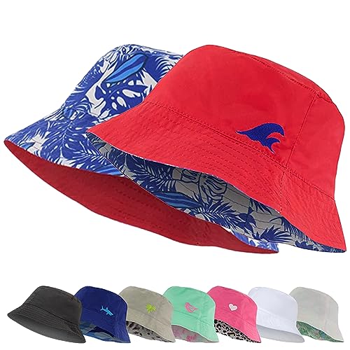 Kids Bucket Hat for Girls & Boys, Packable Fun & Cool Reversible Beach Sun Teen Toddler Bucket Hat - Ages 3-14 Years - color: Red/Tropical Surf, size: 3-7 Years