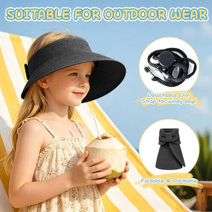 Girls Sun Visor Hat with Ponytail Hole Wide Brim Beach Straw Visor UPF 50+ - color: 1pack-black