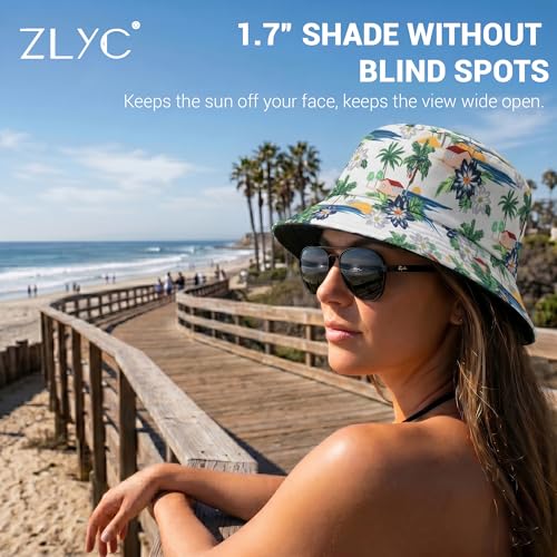 ZLYC Printed Bucket Hat for Women Men Packable Summer Sun Hat for Beach - color: Tropical Village White