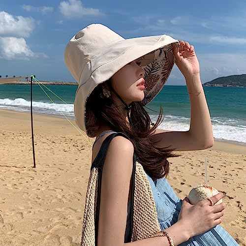 HUAMULAN Women Summer Vacation Wide Brim Sun Hat Reversible Fishing Hats - color: Beige