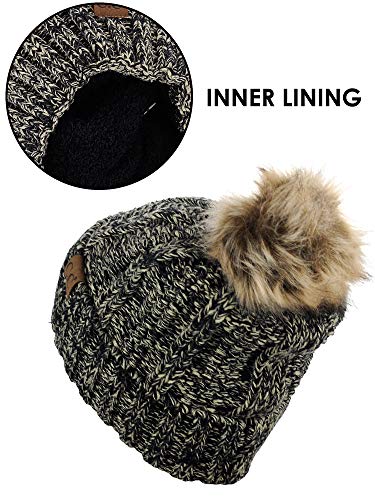 C.C Thick Cable Knit Faux Fuzzy Fur Pom Fleece Lined Skull Cap Cuff Beanie - color: 2 Tone Black/Dark Beige