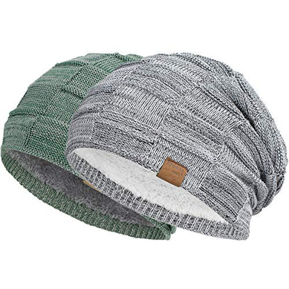 Vgogfly Slouchy Beanie for Men Winter Hats for Guys Cool Beanies Mens Lined Knit Warm Thick Skully Stocking Binie Hat Pairs - color: Light Grey / Army