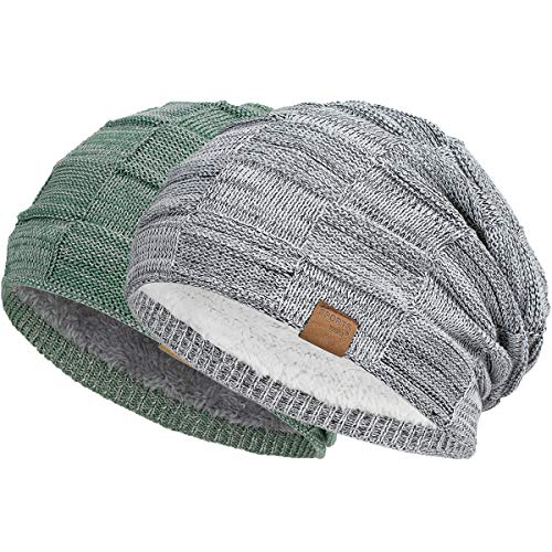 Vgogfly Slouchy Beanie for Men Winter Hats for Guys Cool Beanies Mens Lined Knit Warm Thick Skully Stocking Binie Hat Pairs - color: Light Grey / Army