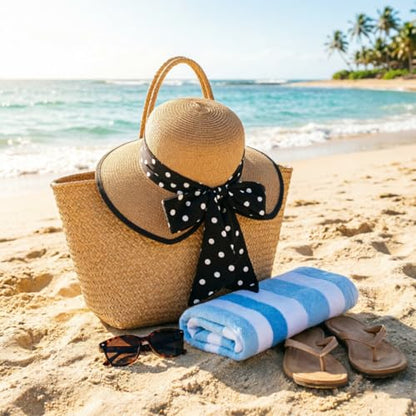 DRESHOW Sun Hats for Women Travel Fedora Foldable Beach Sun Hat Summer Wide Brim Straw Bucket Hat with Bowknot UPF 50+ - color: 1 Pack Bowknot Straw Hat: Khaki (Black Polka Dot Band)