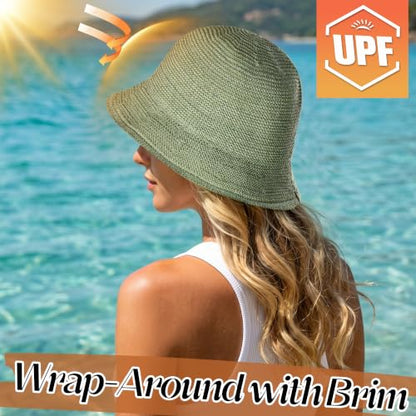 Babalet Summer Straw Beach Sun Hats for Women Packable Floppy Bucket Hat - color: Green
