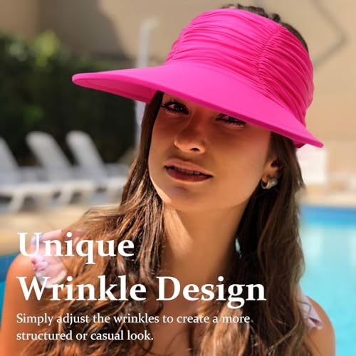 Women Visor Sun Hat Adjustable Foldable Wide Brim Sun Hats Summer UPF 50+ UV Protection Visor Cap for Outdoor Beach - color: Fuschia a