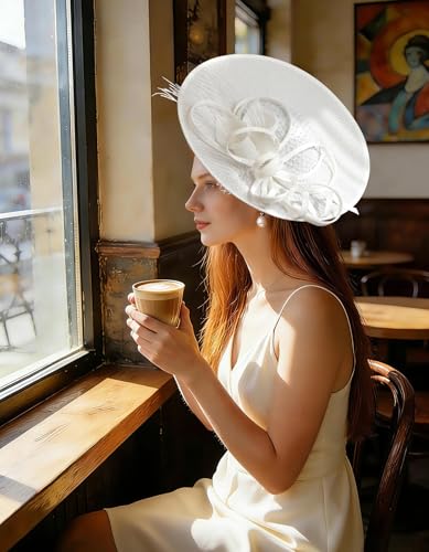 Unpifolov Fascinators Hats Elegant Women Flower Mesh Feathers Wedding Cocktail Bride Headband for Derby Hat Tea Party - color: White