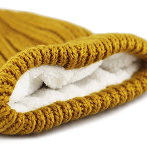 Women and Men Beanie Daily Winter Oversized Thick Stretchy Knitted Pom Pom Beanie Fleece Lined Beanie Hat - color: 2. Straight Mustard