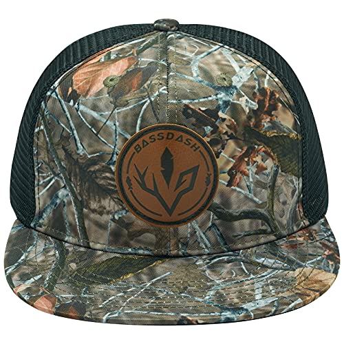 BASSDASH Flat Brim Trucker Cap Adjustable Snapback Hat Mesh Back for Men Women - color: Autumn Forest