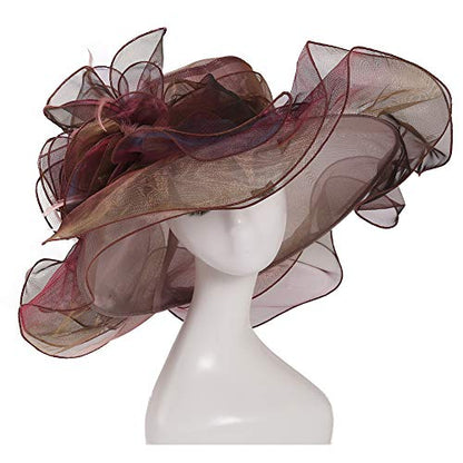 Women Oganza Sun Hat Church Wide Brim Wedding Formal Fascinator Hat - color: Reddish Brown